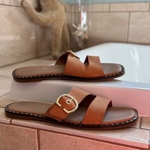 Mila Paoli Tan Slide Sandals with Gold Buckle